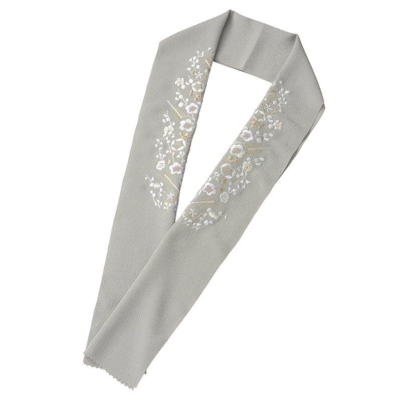 婦人刺繍半衿 ポリ チリーヌ グレー 金白刺繍