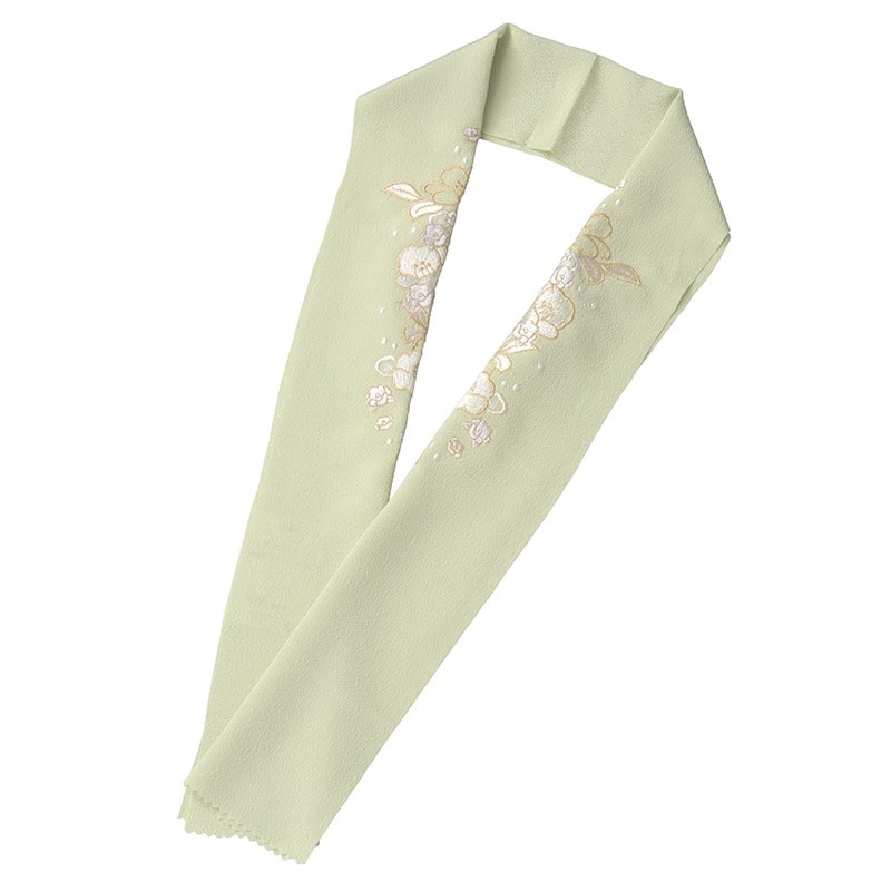 婦人刺繍半衿 ポリ チリーヌ 薄抹茶 金白刺繍