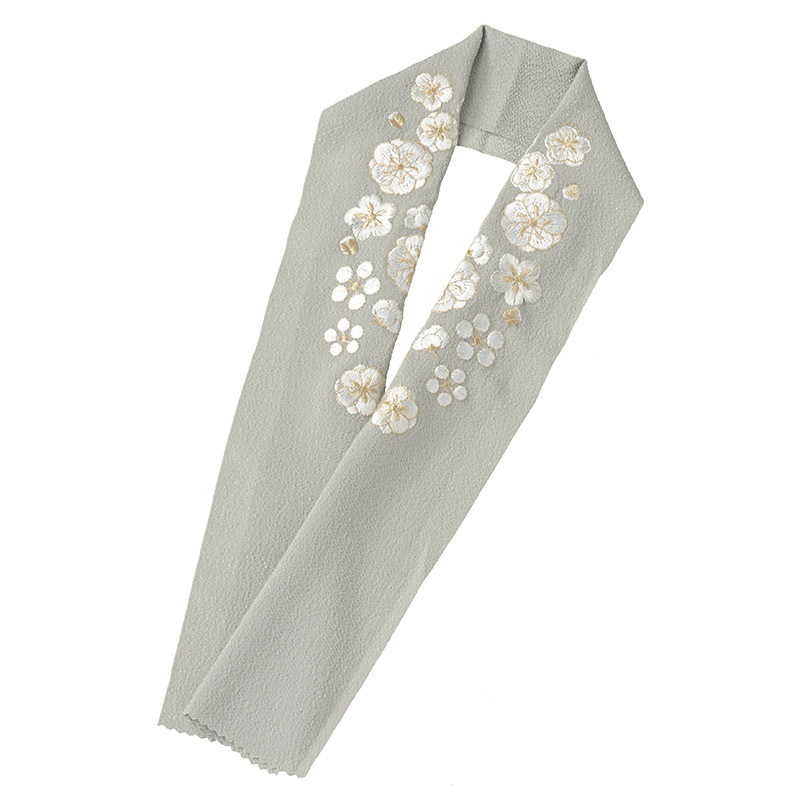 女の子刺繍半衿 ポリ コチリーヌ グレー 金白 桜と梅 7才 | 子供和装  