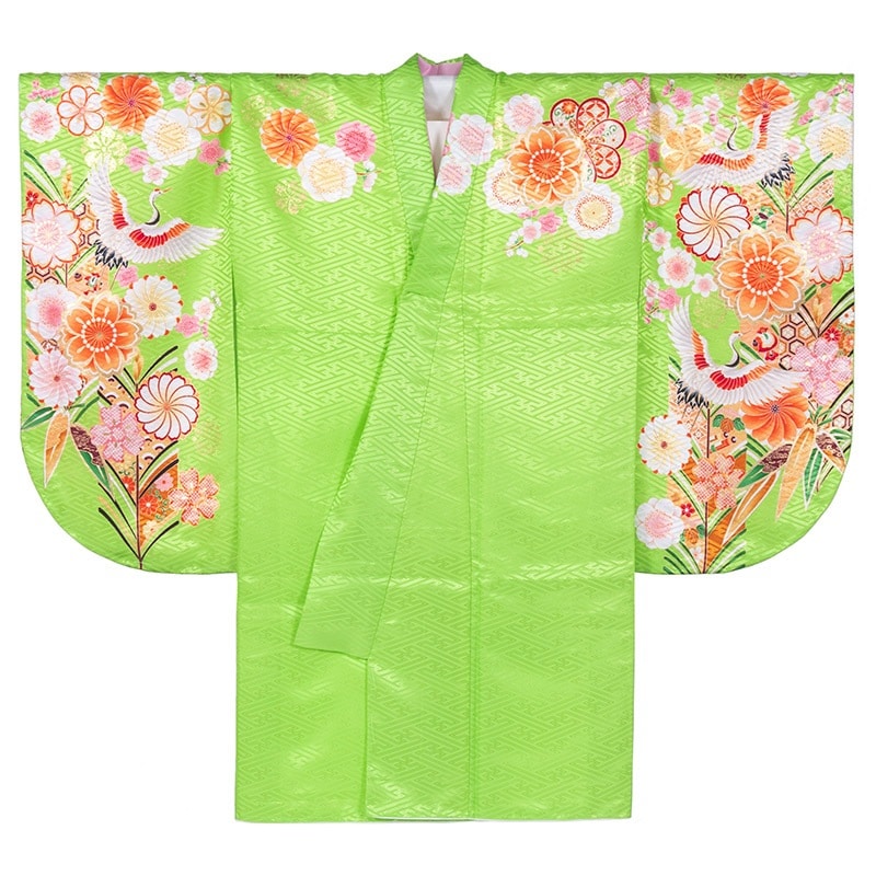 二尺袖着物 ポリ ショート丈 絵羽 黄緑 梅に鶴 裄180 中国製