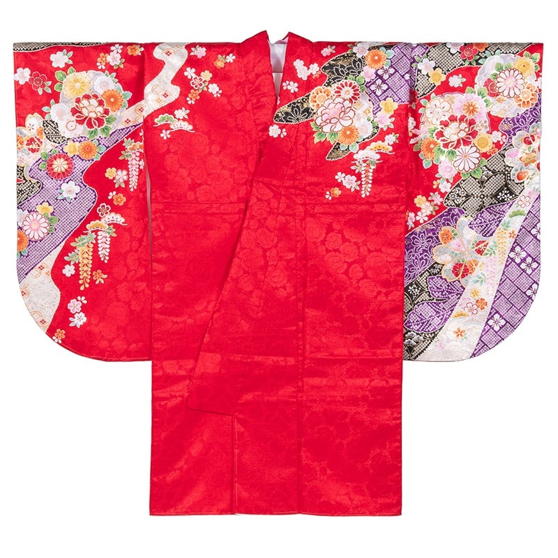 二尺袖着物 ポリ ショート丈 絵羽 赤 雪輪に疋田 裄180 中国製