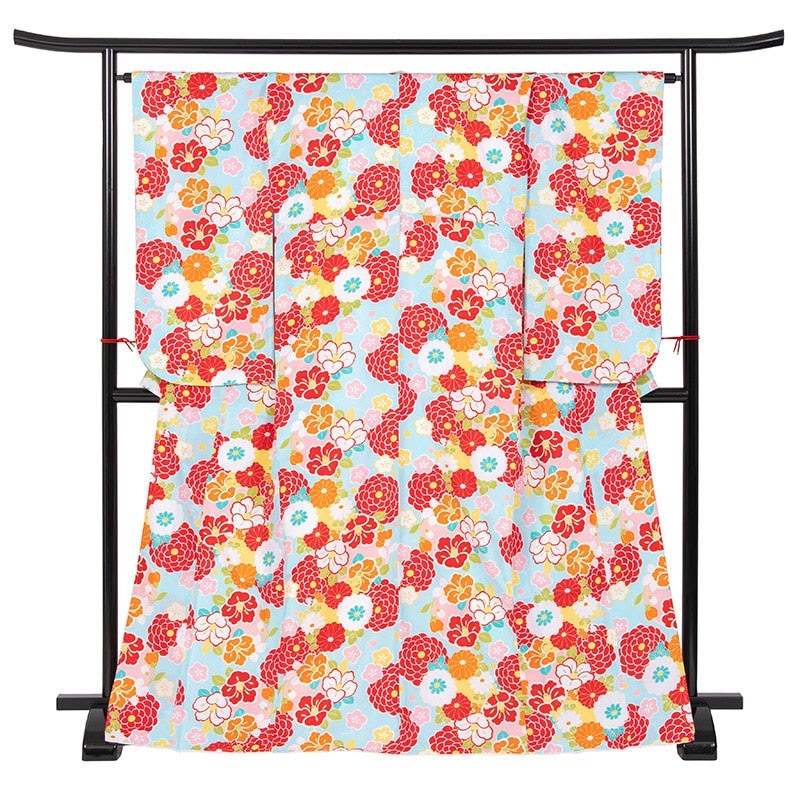 二尺袖着物 ポリ 小紋 水色 菊と椿 裄180 中国製