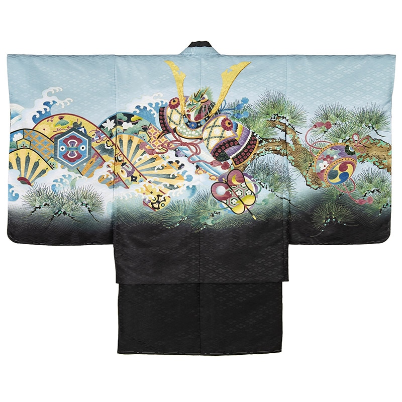 男の子着物羽織 水色 兜に松波 中国製