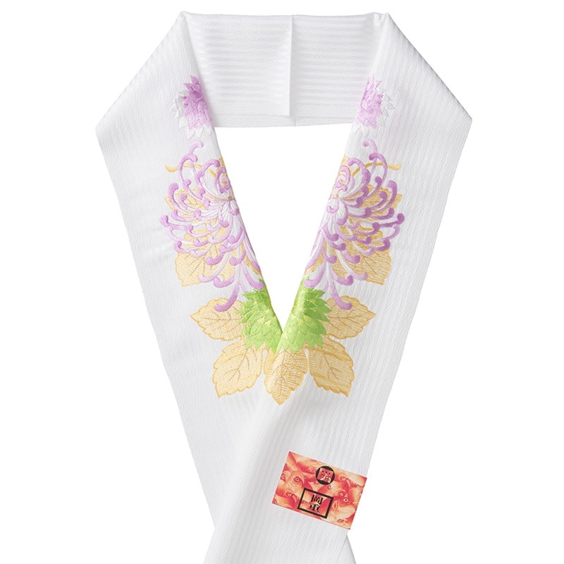 婦人刺繍半衿 ポリ 白 菊 紫