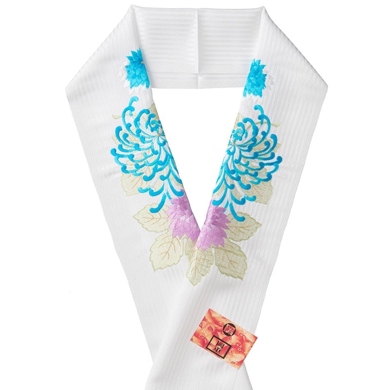 婦人刺繍半衿 ポリ 白 菊 水色