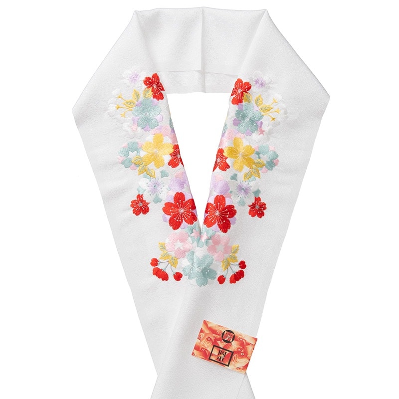 婦人刺繍半衿 ポリ 白 桜A