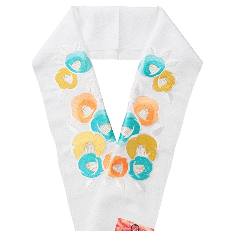 婦人刺繍半衿 ポリ 白 椿淡色B