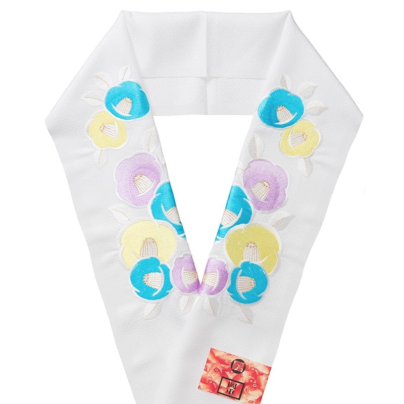 婦人刺繍半衿 ポリ 白 椿淡色C