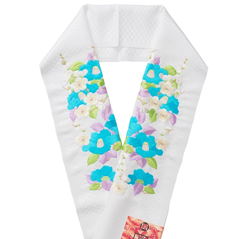 婦人刺繍半衿 ポリ 白 椿 水色