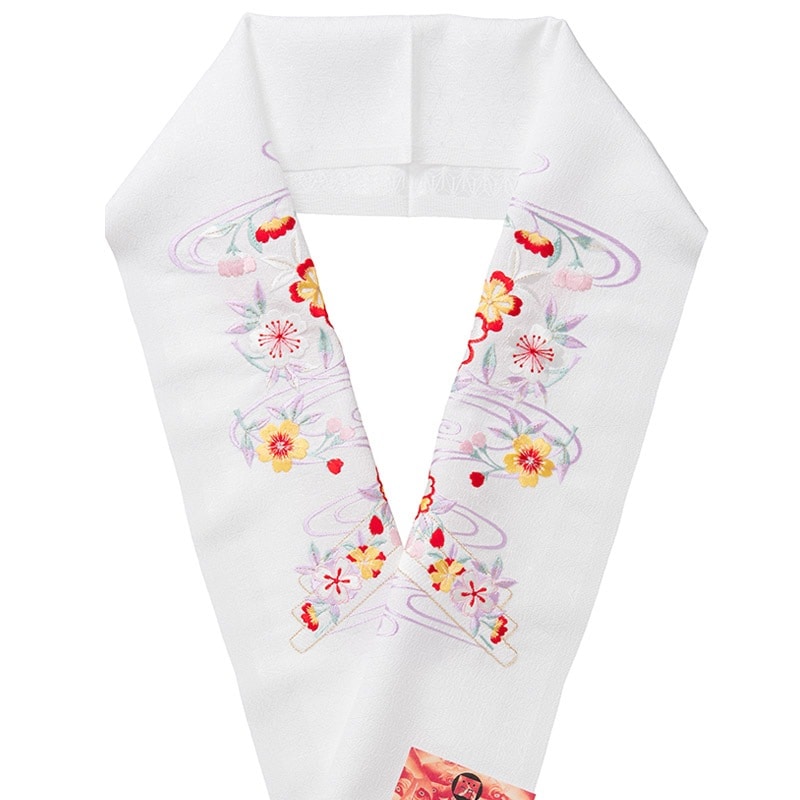 婦人刺繍半衿 ポリ 白 桜流水 A