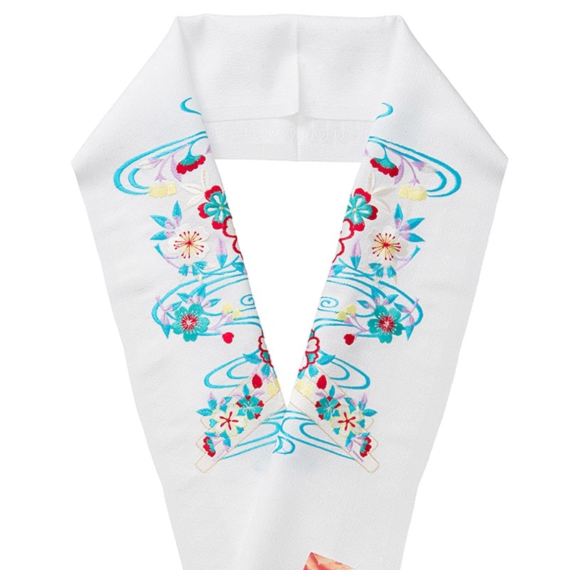 婦人刺繍半衿 ポリ 白 桜流水 C