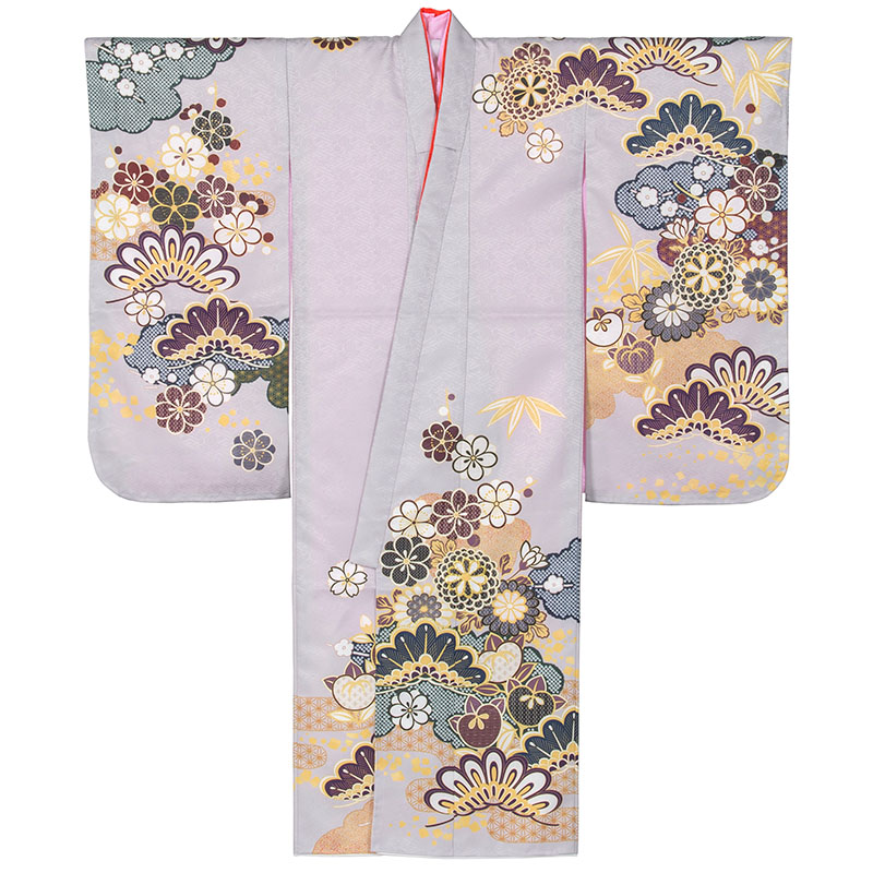 女の子七才着物 ポリ 絵羽 薄グレー 疋田と橘