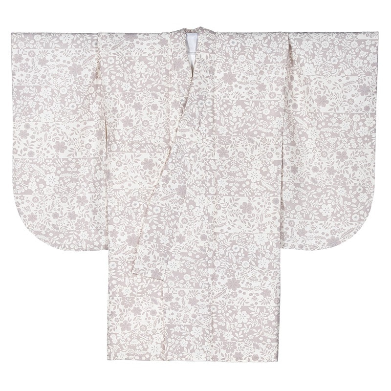 二尺袖着物 ポリ ショート丈 小紋 白 花柄 裄180 中国製