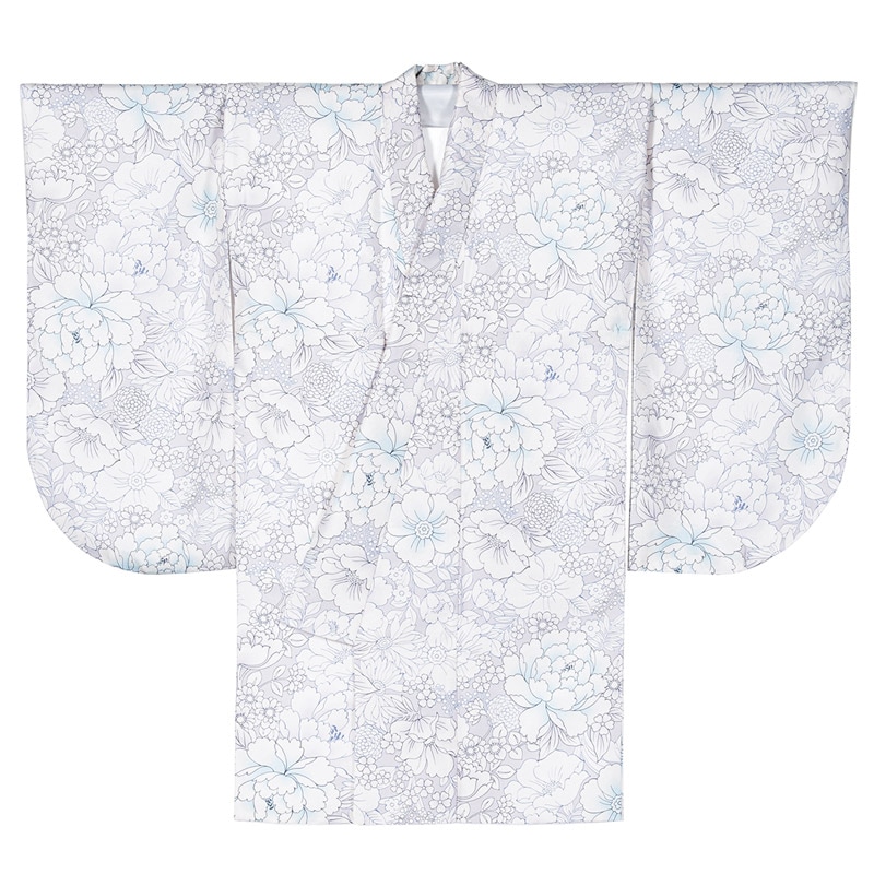 二尺袖着物 ポリ ショート丈 小紋 パープルグレー 大花 裄180 中国製