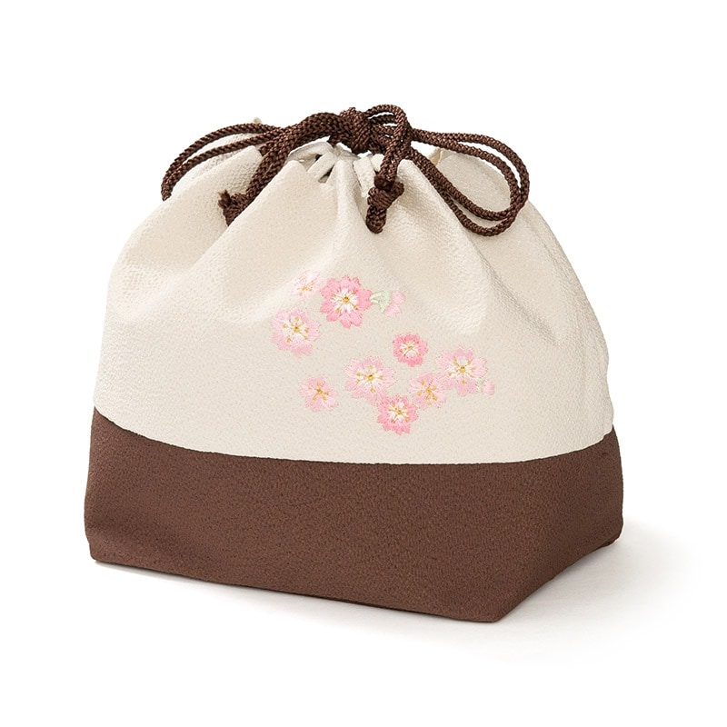 巾着 ちりめん 桜刺繍 ベージュ/こげ茶