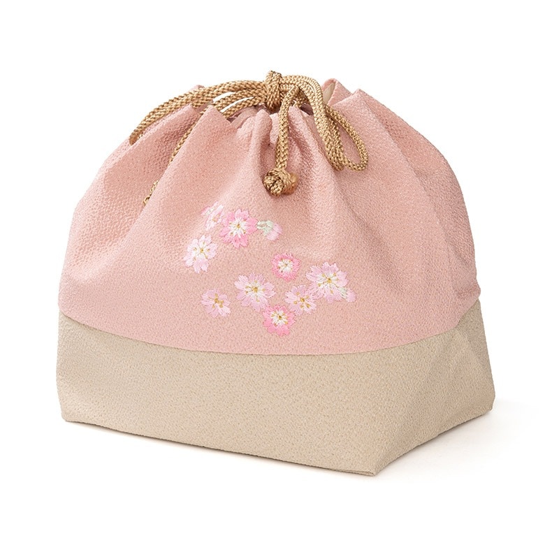 巾着 ちりめん 桜刺繍 ピンク/ベージュ