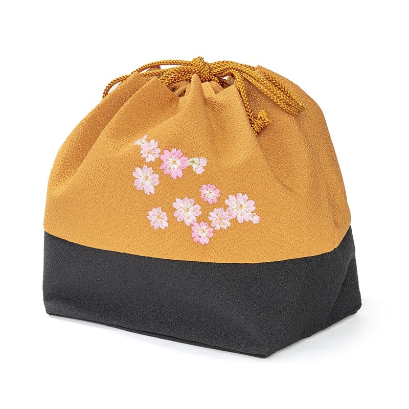 巾着 ちりめん 桜刺繍 からし/黒