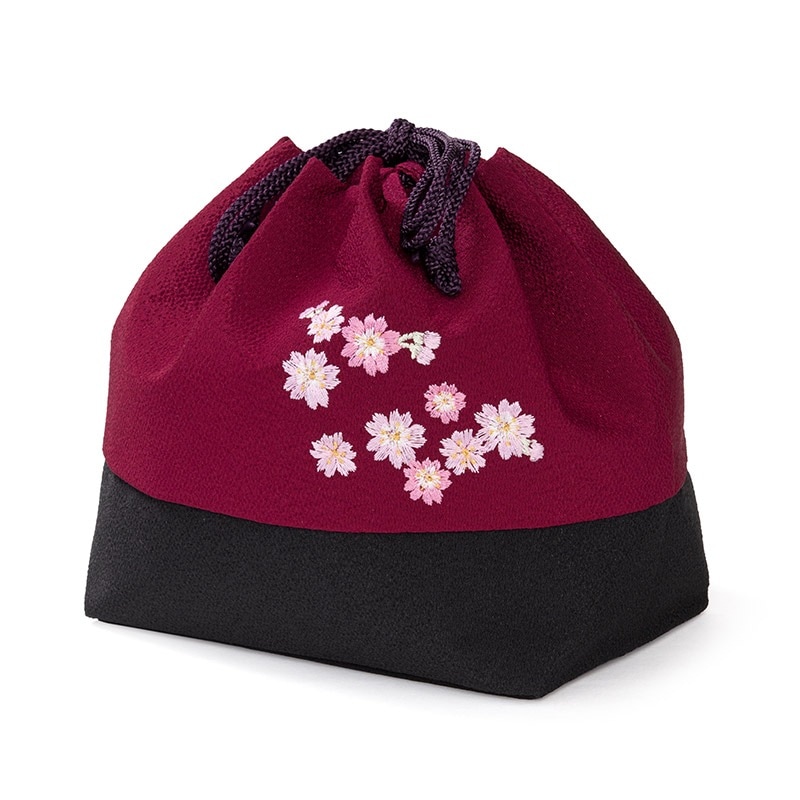 巾着 ちりめん 桜刺繍 ワイン/黒