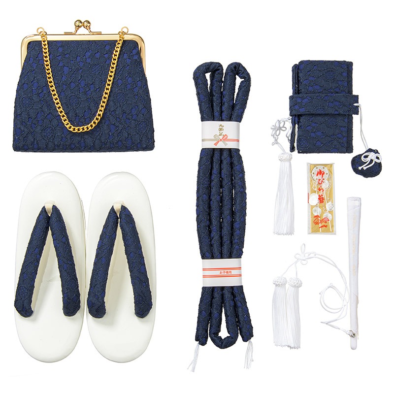 女の子箱迫セット 紺レース 草履21cm（7才向）