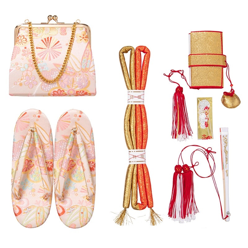 女の子箱迫セット 白/ピンク 笹と梅 草履21cm（7才向）