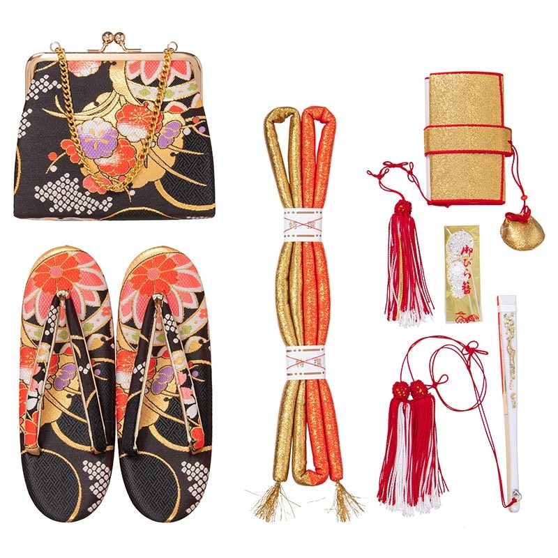 女の子箱迫セット 黒 雪輪 草履21cm（7才向）