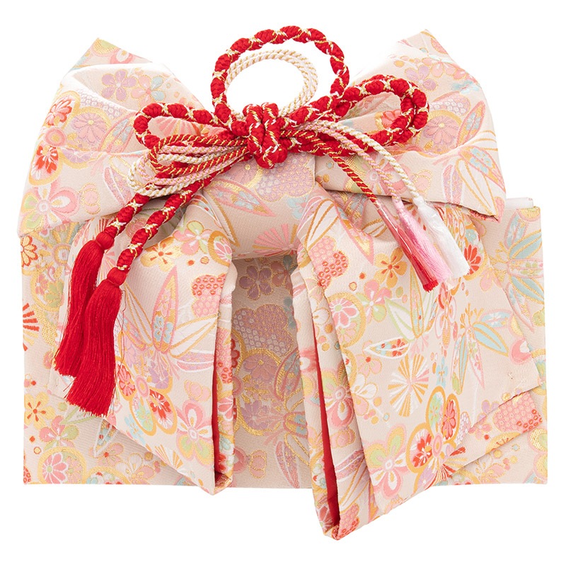 女の子結び帯 白/ピンク 笹と梅 大（7才向）