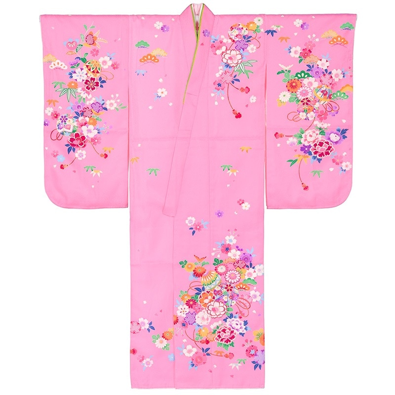 ジュニア女の子着物 ピンク 鞠と八重桜 10才 襦袢付 裄62cm 中国製