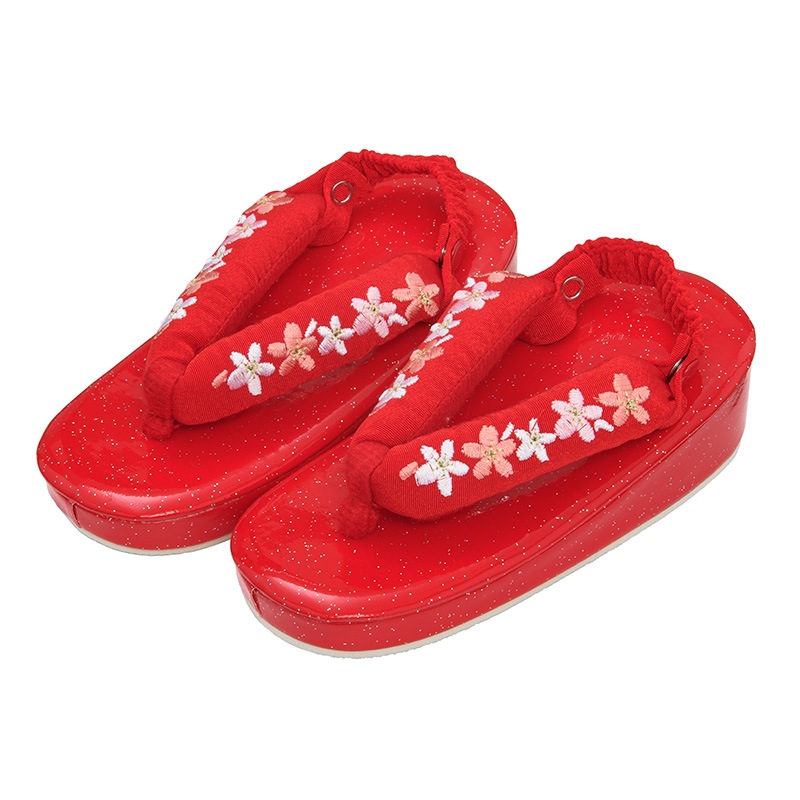女の子草履 赤/赤 桜刺繍 3-5才（17.5cm） すべり止めベルト付 中国製