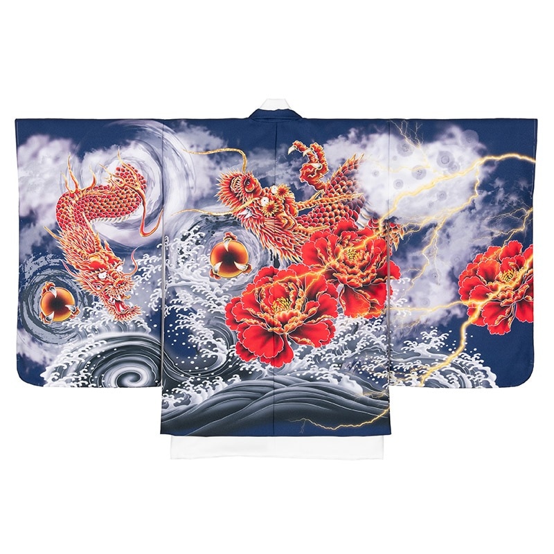 男の子着物羽織 紺 龍と荒波