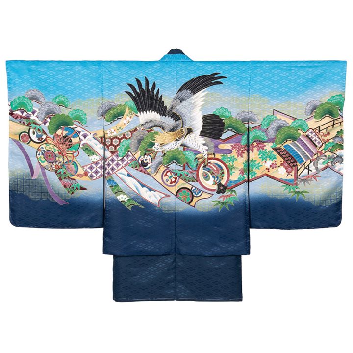 男の子着物羽織 水色 鷹に松のしめ