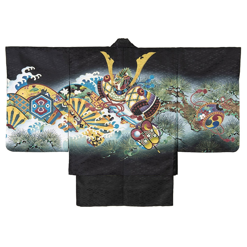 男の子着物羽織 黒 兜に松波 中国製