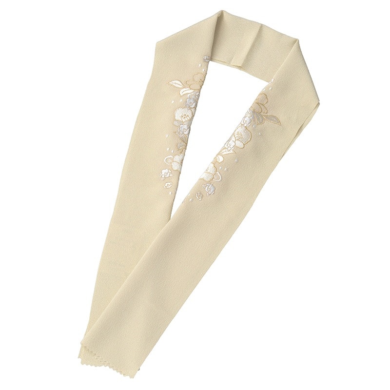 婦人刺繍半衿 ポリ チリーヌ ベージュ 金白刺繍