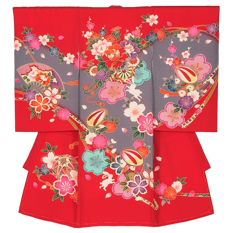 女の子初着 正絹 赤/グレー 花車とうさぎ