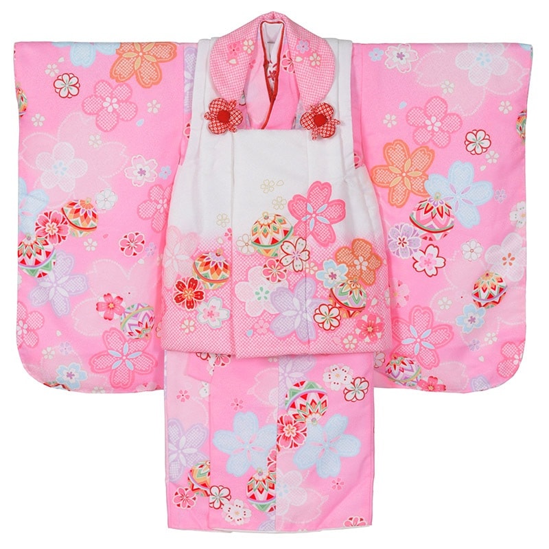 女の子 被布セット ポリ ピンク・白ピンク 花疋田に鞠 3才 中国製