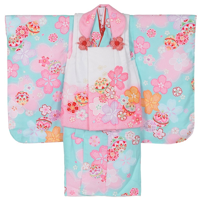 女の子 被布セット ポリ 水色・白ピンク 花疋田に鞠 3才 中国製
