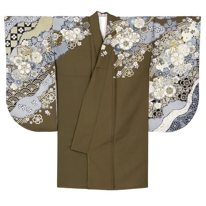 二尺袖着物 ポリ ショート丈 絵羽 カーキ 御所車 裄180 中国製