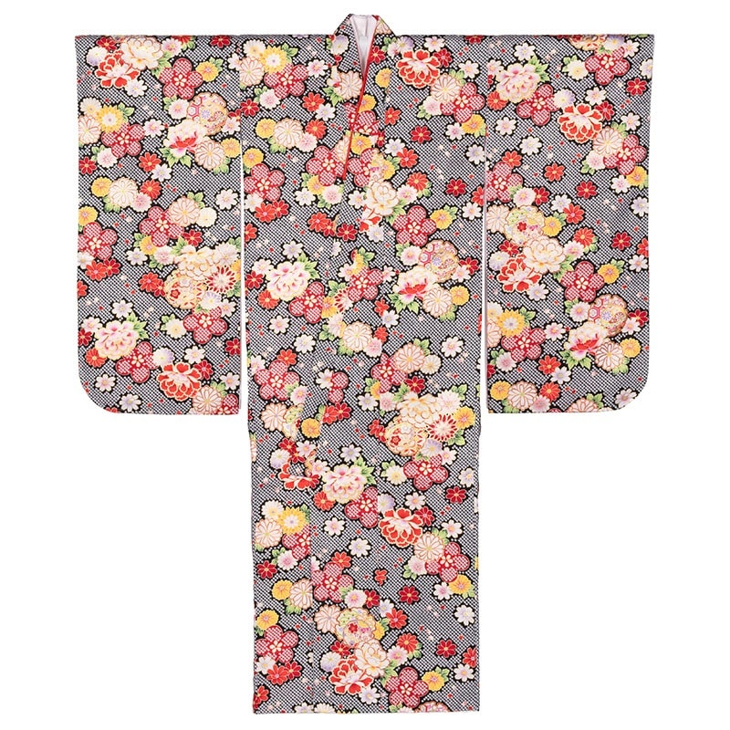 女の子七才着物 ポリ 小紋 黒 疋田に雪輪 中国製