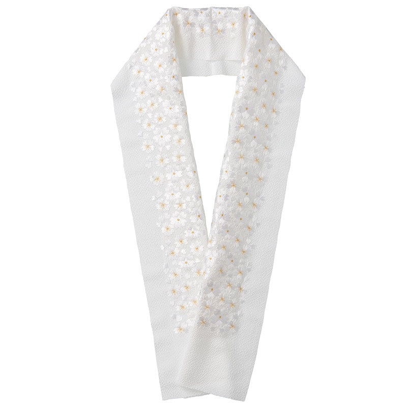 婦人刺繍半衿 ポリ ちりめん 白 桜金 重連柄