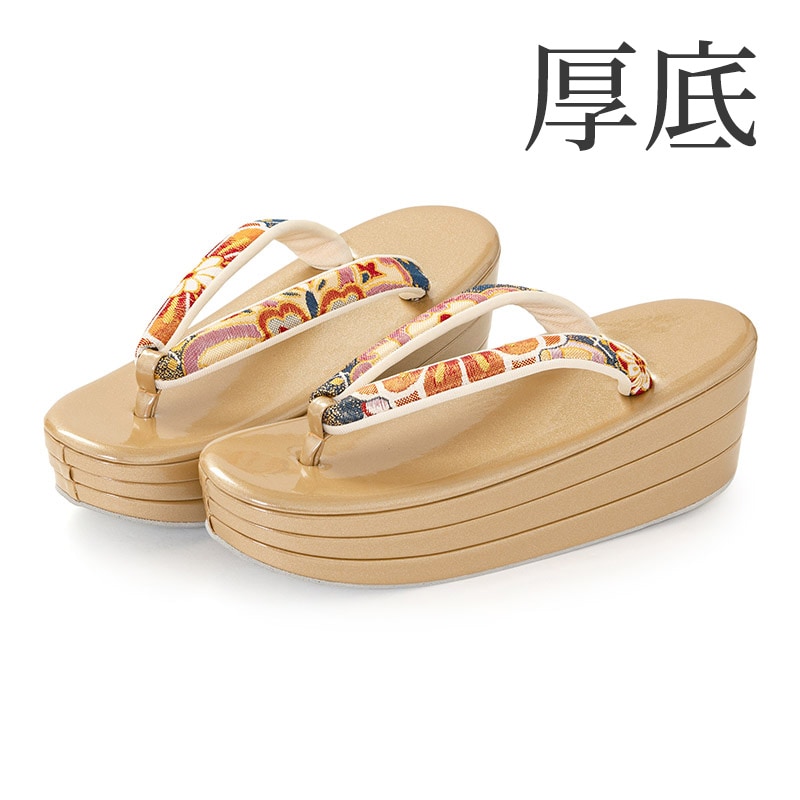 草履単品 金/紺 佐賀錦 丸菊と華紋 厚底 中国製