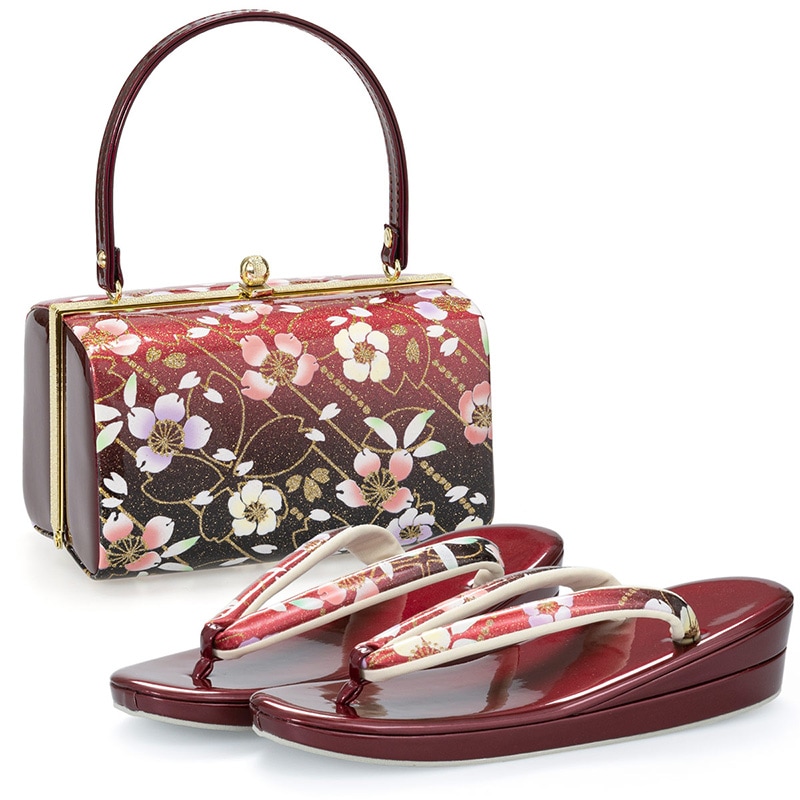 草履バッグセット エンジ/黒 花吹雪 S寸 中国製
