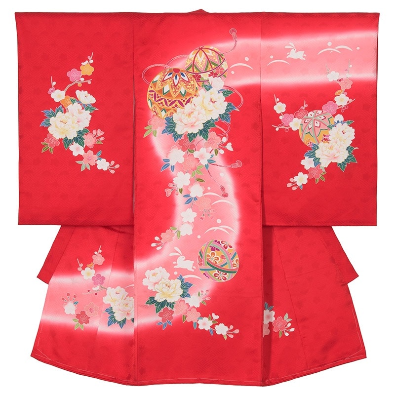 女の子初着 正絹 赤/ピンク 鞠にうさぎ