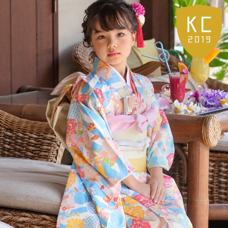 女の子着物帯セット ポリ 小紋 水色 疋田桜に芍薬 7才 中国製