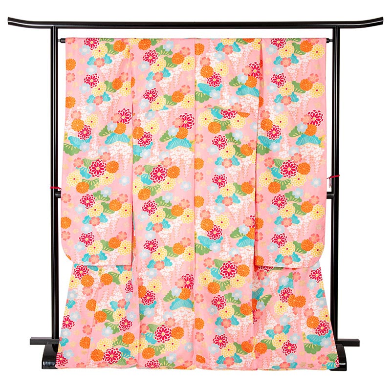 振袖 ポリ ピンク 菊と藤 裄180 袖丈300 中国製