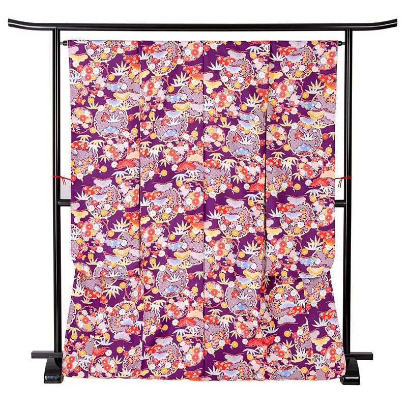 振袖 ポリ 紫 疋田雪輪に松竹梅 裄180 袖丈300 中国製