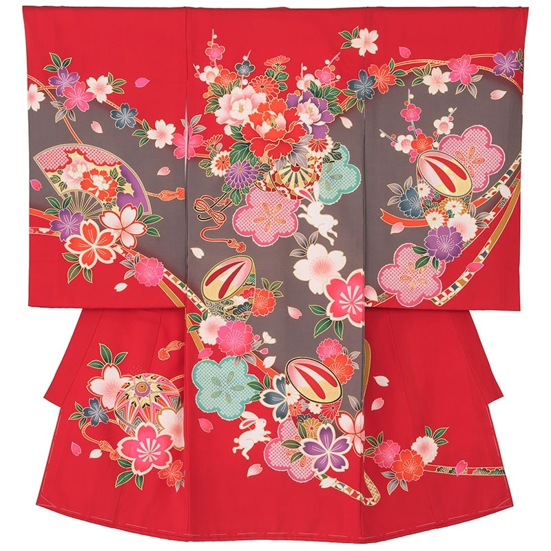 女の子初着 正絹 赤/濃グレー 花車とうさぎ