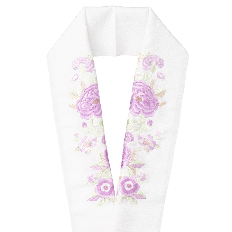 婦人刺繍半衿 ポリ 白 牡丹 紫