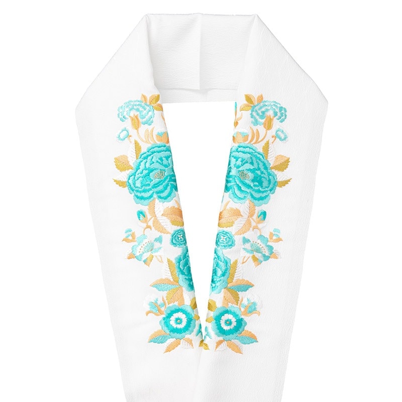 婦人刺繍半衿 ポリ 白 牡丹 青緑