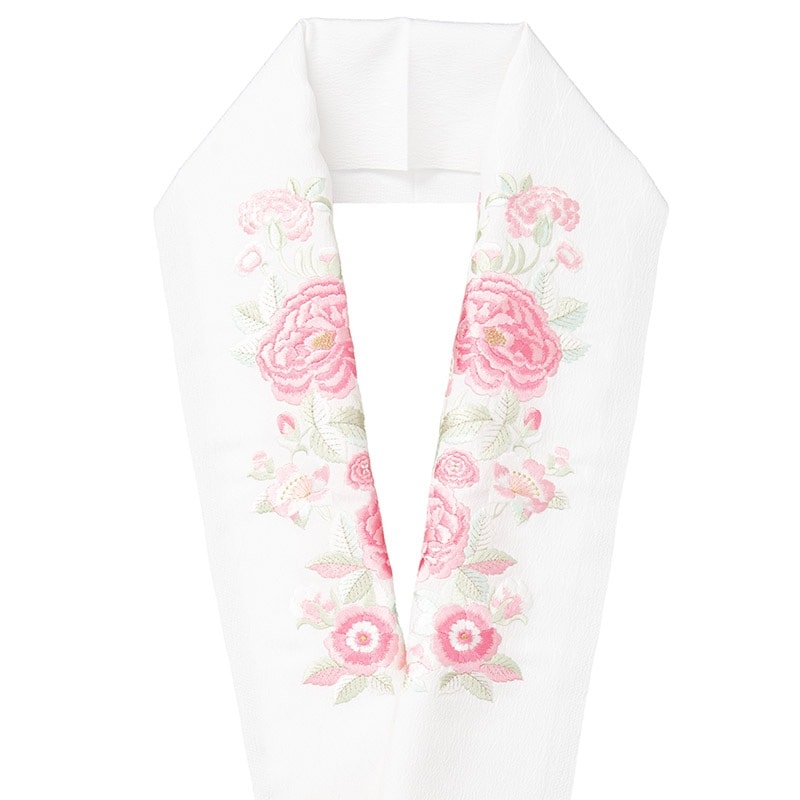 婦人刺繍半衿 ポリ 白 牡丹 ピンク