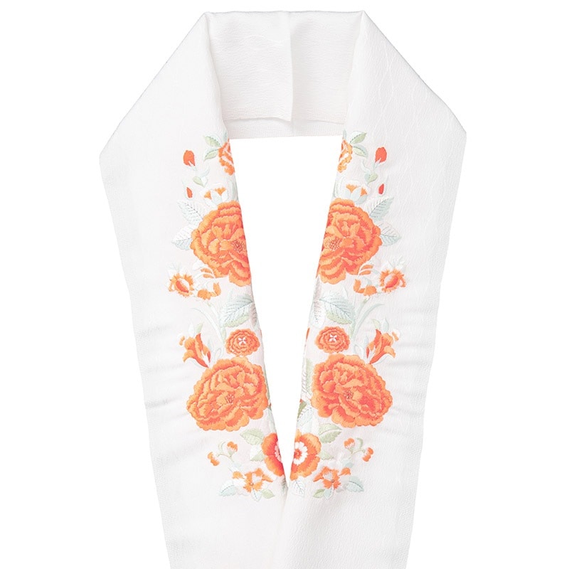 婦人刺繍半衿 ポリ 白 牡丹 オレンジ