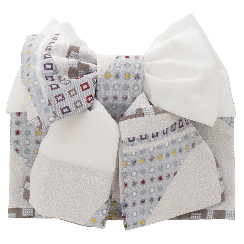 女の子結び帯 白/グレー 水玉 大（7才向） 少々難あり